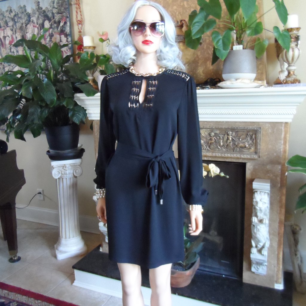 Diane Von Furstenberg Black 100% Silk Belted Dress W/Beading Detail Size 4